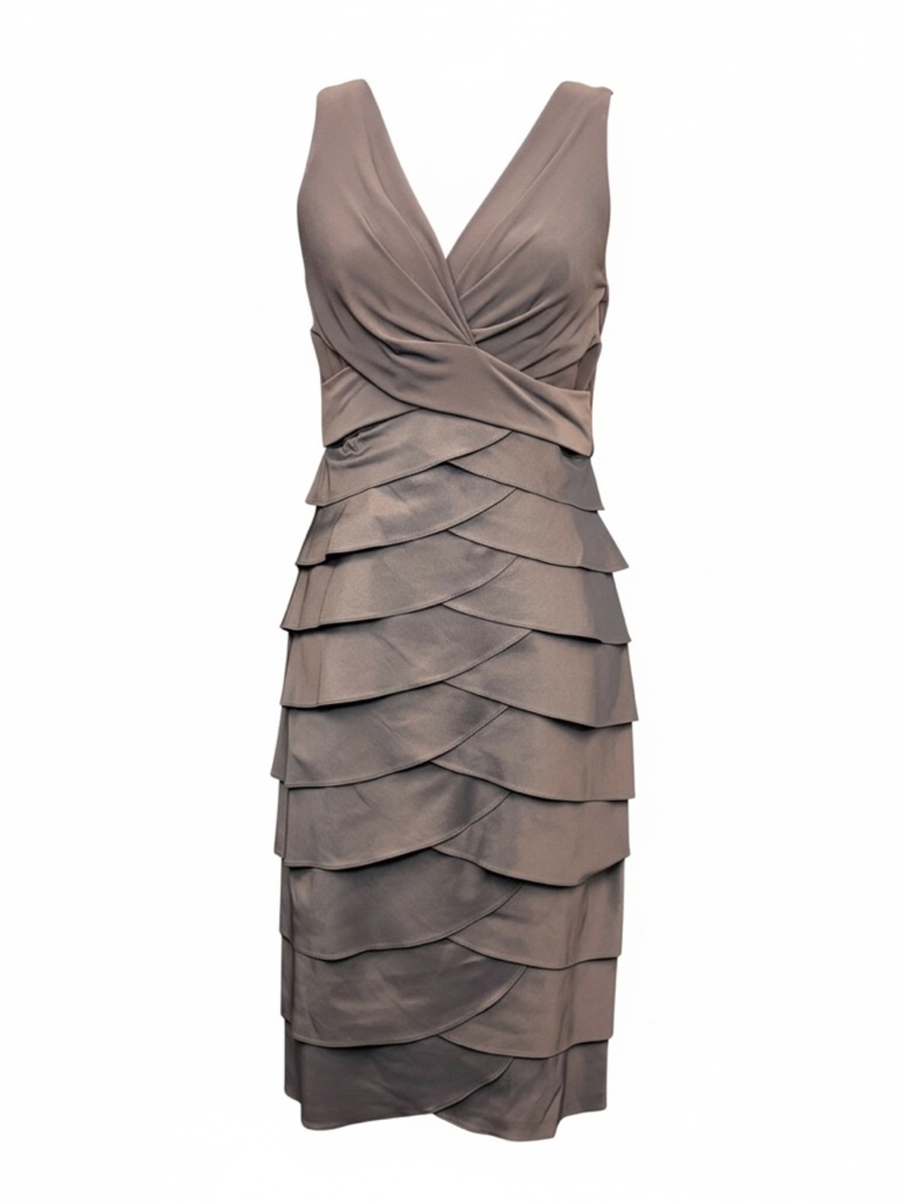 Adrianna Papell Brown Tiered Midi Cocktail Dress Women's 8 V-Neck
